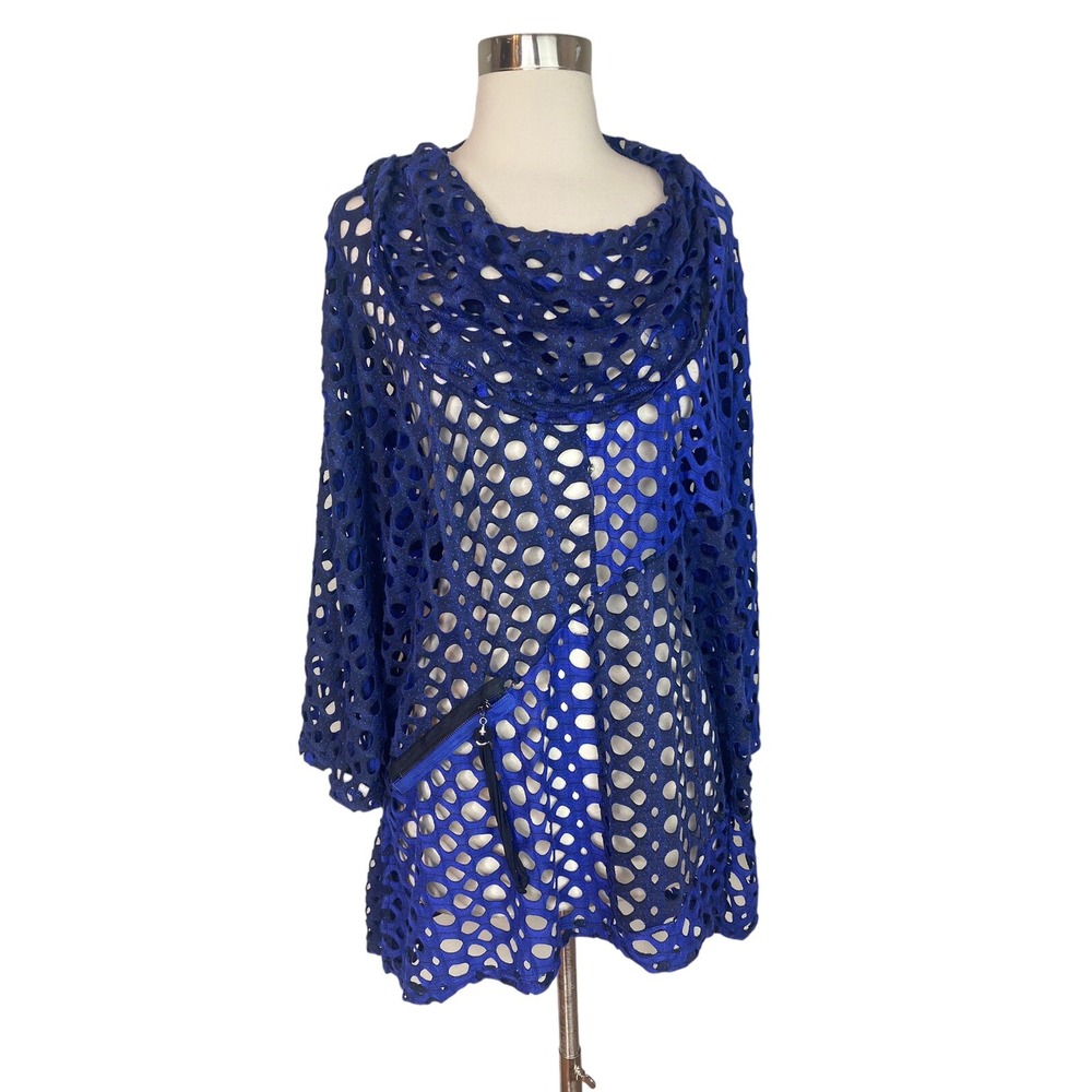 Ali Miles Tunic Top 1X Blue Open Weave Cowl Neck Asymmetrical Hem